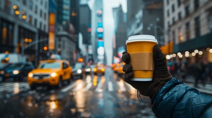   Person holds cup of coffee amidst bustling city street, taxi cab visible behind