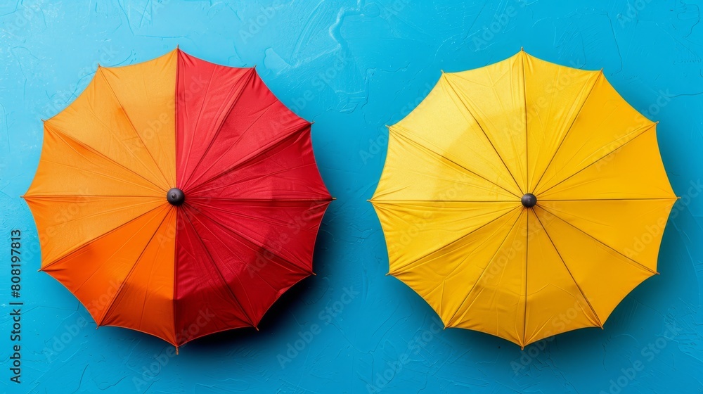 Poster   Two umbrellas, one red and one yellow, are leaning against a blue wall The red umbrella is right-side-up, while the yellow one is upside-