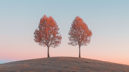   A pair of trees atop a hill during midday, framed by a rosy pink sky