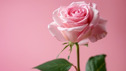   A solitary pink rose with verdant leaves in a vase against a pink backdrop and pink wall behind it