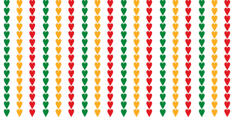 Seamless pattern with red, yellow and green hearts that are neatly aligned in columns on a transparent background. Simple solid pattern for wrapping paper, gift paper, pillows or other. Vector