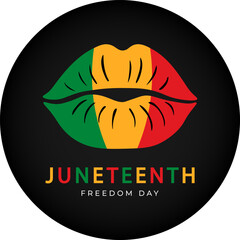 Black circle icon with colored lips and text Juneteenth. Celebration of Juneteenth, Freedom day. Flat design. Great for t-shirt or badge design. Vector illustration