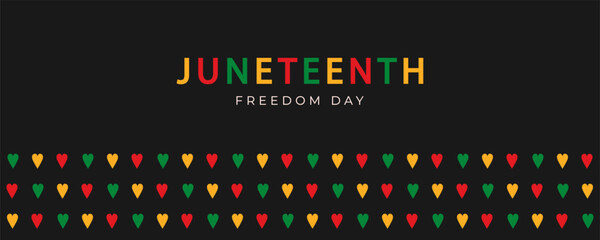 Juneteenth banner with red, yellow and green hearts. Celebrating Juneteenth Freedom Day. June 19. Black History Month. Vector Illustration