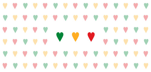 Seamless pattern with red, yellow and green hearts on a transparent background. Simple solid pattern for wrapping paper, gift paper, pillows or other. Vector illustration