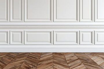 Neutral classic wall with copy space in mock up room featuring elegant brown parquet floor