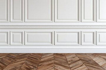 Naklejka premium Neutral classic wall with copy space in mock up room featuring elegant brown parquet floor