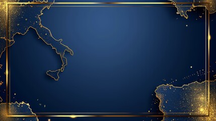   A golden rectangle's shape is portrayed by a blue-and-gold background, framed in gold, with Italy's map situated centrally within