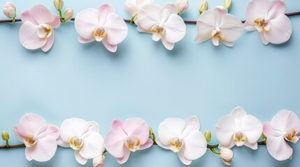   A vibrant arrangement of pink and white orchids against a tranquil blue backdrop Include text or image here