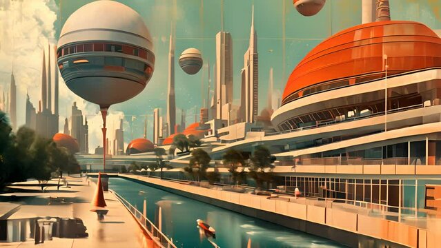 Retrofuturistic landscape in mid-century sci-fi style. Retro science fiction scene with futuristic city buildings