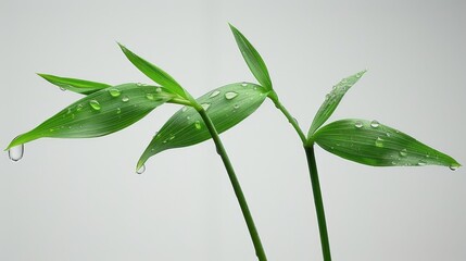   A macro shot of a plant, its leaves dotted with water droplets, against a backdrop of a gray sky