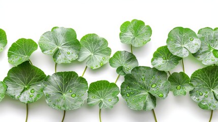   Horizonal arrangement of green leaves with water drops on white background..Or..Green leaves with water drops in a horizontal line against white backdrop
