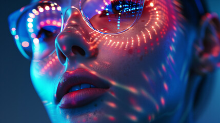 An innovative portrait featuring a girl embodying the future of cosmetics, blending technology and beauty seamlessly. Perfect for futuristic beauty campaigns