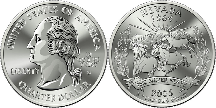 American money, USA Washington quarter dollar Nevada, wild stallions, rising sun on reverse