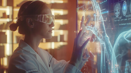 A man in a white coat conducts a medical examination against the backdrop of a holographic representation of a person, illustrating futuristic healthcare diagnostics and practices
