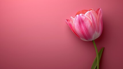   A pink tulip against a pink backdrop, featuring a verdant stem emerging from its heart