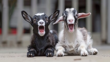   Two goats, one black and one white, lie on the ground with open mouths One goat displays an open mouth widely, while the other goat's mouth is also open - Powered by Adobe