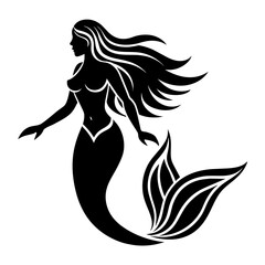 Silhouette of Beautiful Mermaid with Long Tail Vector illustration. Mermaid princess woman silhouette. Girls with fins underwater. Fish.