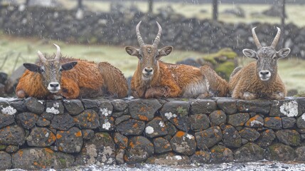   A group of animals perches atop a rain-worn stone wall, overlooking a lush, grass-covered field during a rainy day