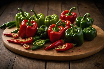 a selection of sliced green and red peppers on a wooden chopping board