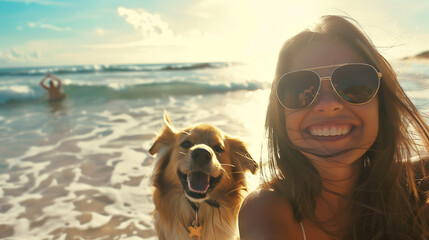 A happy woman and her faithful dog enjoy playing on the sandy beach while basking in the warm sunshine.