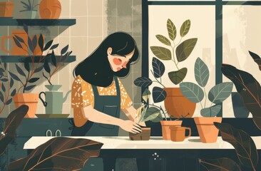 young woman in apron caring for indoor plants in cozy, light-filled room. artistic botanical illustration style. eco-friendly and sustainable gardening concept. for flyer, banner, or environmental des