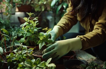 Girl in gloves caring for plants in the garden. Home garden concept. Gardener in uniform taking care of plants in the garden