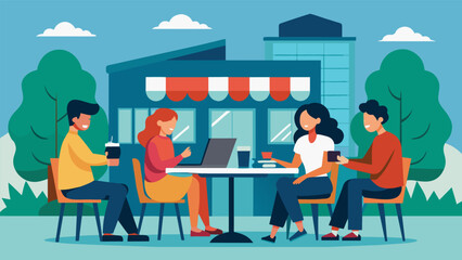 A group of friends sit outside a campus cafe but the conversation quickly turns serious as they discuss upcoming rent and utility payments.. Vector illustration