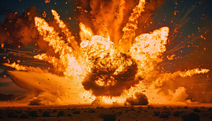 A fiery explosion is depicted in the image, with a large cloud of smoke by AI generated image