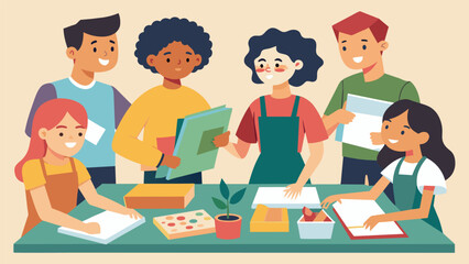 A youth organization hosting workshops where old magazines and newspapers are transformed into handmade paper products.. Vector illustration