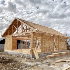 Wooden frame construction with truss, posts, and beams for new house manufacturing process