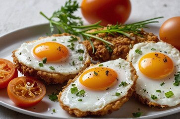 Arrange sunny-side up fried chicken eggs on a clean white plate