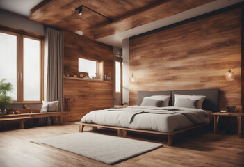 Wooden master bedroom and bathroom interior