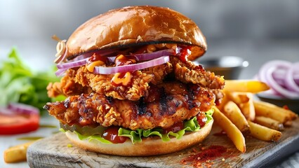 Ready-to-Eat Crispy Fried Chicken Burger with Flavorful Spices. Concept Fast Food, Crispy Chicken,...
