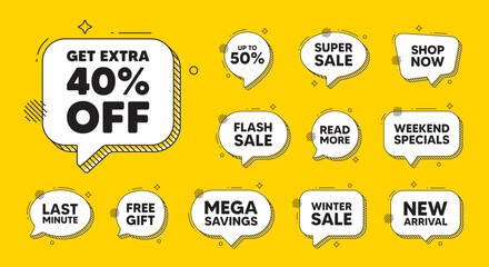 Offer speech bubble icons. Get Extra 40 percent off Sale. Discount offer price sign. Special offer symbol. Save 40 percentages. Extra discount chat offer. Speech bubble discount banner. Vector