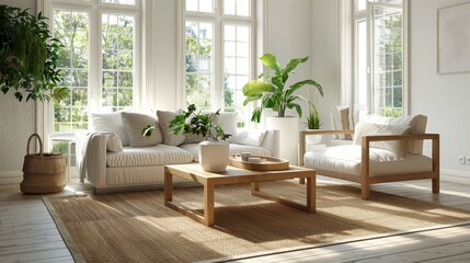 3D realistic image of a Scandinavian-style living room with a cubic wooden coffee table, white sofa, and armchairs in a bright, sunlit space.