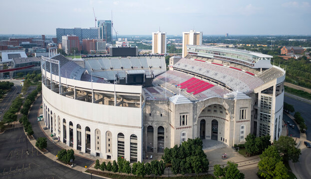 Drone view above Ohio State Football Stadium set up for a concert