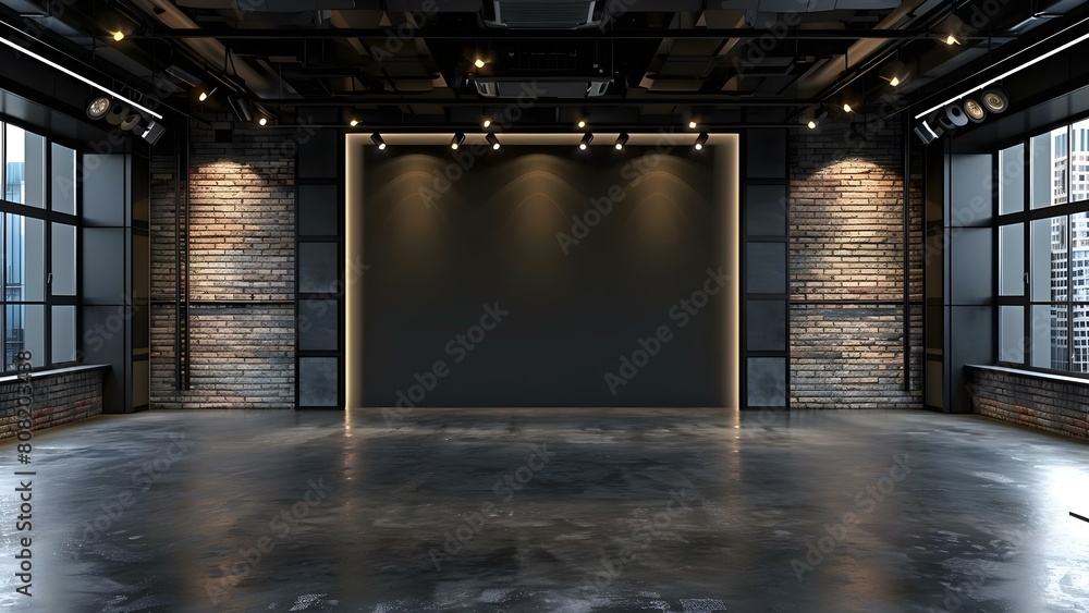 Poster creating a d visualization of an unoccupied photo studio with black backdrop and brick wall. concept