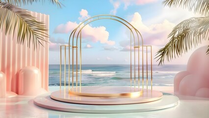 Promotional Product Display: D Podium with Ocean View, Golden Gate, and Pastel Background. Concept...