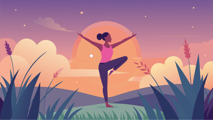 Taking advantage of the calmness of dawn a person balances on one leg while surrounded by tall grass and the gentle glow of sunrise.. Vector illustration