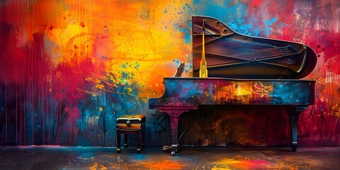 Colorful jazz piano street art graffiti on textured wall canvas background. Concept Colorful Art,...