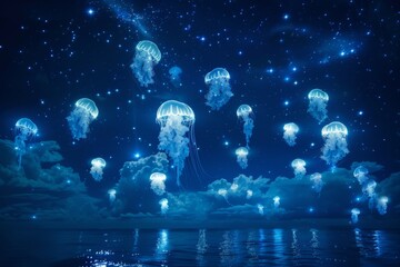 A group of glowing jellyfish float in the night sky above a body of water