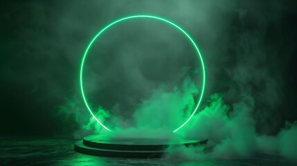 3D podium with smoke and neon frame. Pedestal with clouds and LED green arch. Scene with laser border and fog. Template for product presentation.