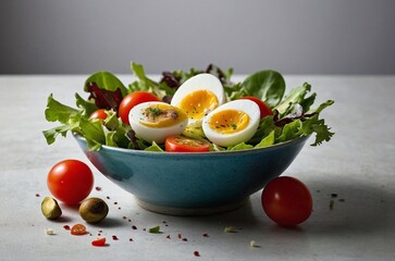 a vibrant salad scene featuring halved eggs nestled among mixed greens, tomatoes, and other
