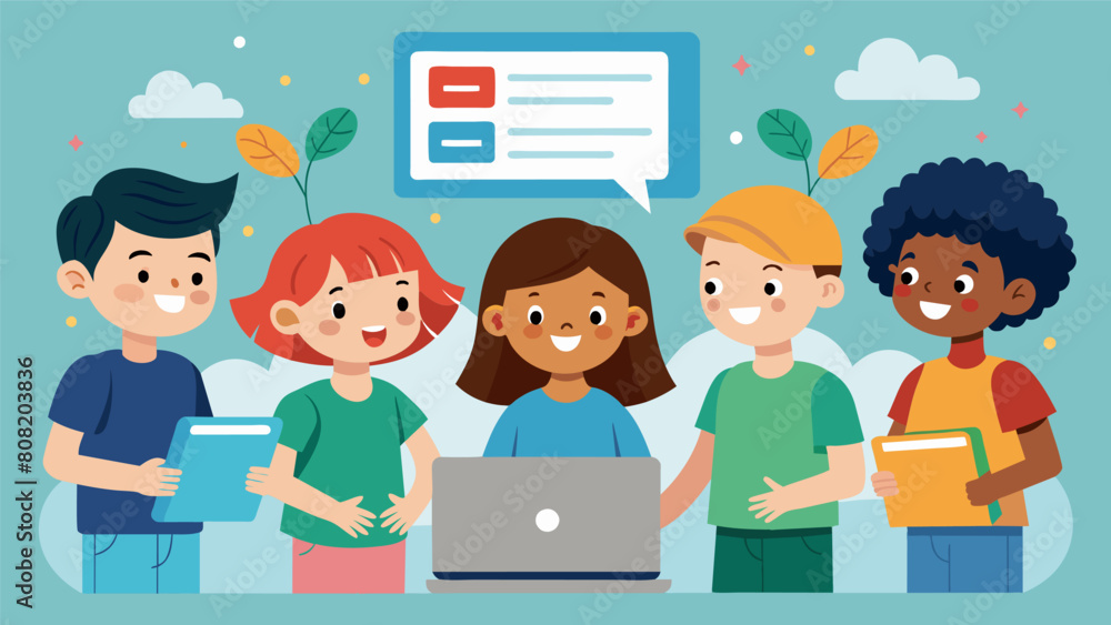 Poster a group of kids creating a website dedicated to promoting positive online behavior and digital citiz