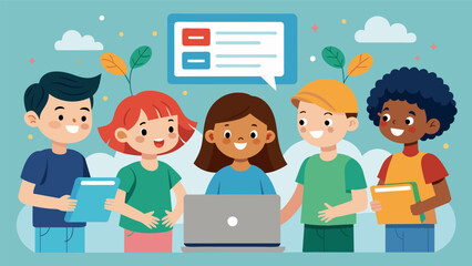 A group of kids creating a website dedicated to promoting positive online behavior and digital citizenship in schools.. Vector illustration