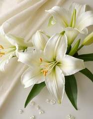 Soft focus of white lily flowers on white delicate silk fabric background. Abstract soft light background for banner or presentation. 