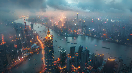 Aerial view of cityscape with skyscrapers, river, and lights at dusk.