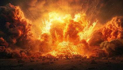 A fiery explosion is depicted in the image, with a large cloud of smoke by AI generated image
