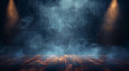 Wooden floor in front of a dark background with smoke, fog and spot light