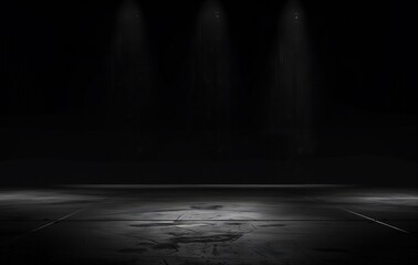 Obraz premium Black background with spotlight to concrete ground in studio. Dark interior background. Room with tile or cement and concrete floor.